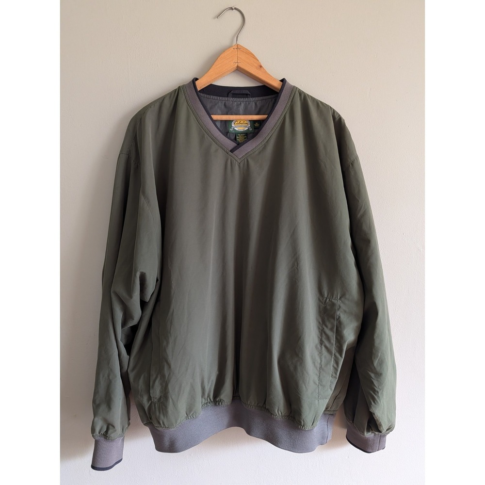 Cabelas Pullover Windbreaker Mens M Regular Golf Lined V Neck Pocket Green Sport